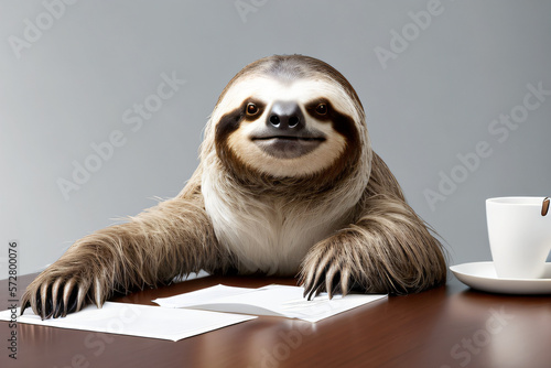 Sloth interviewing candidates in modern office. Business, recruitment, human resources concept created with generative AI.