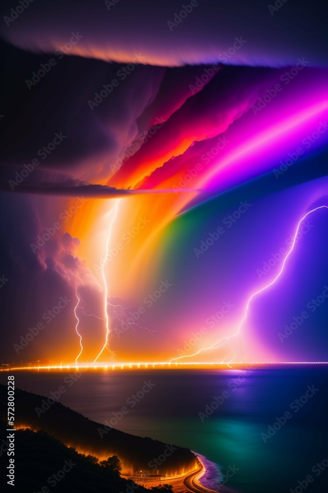 rainbow lightning over the sea
