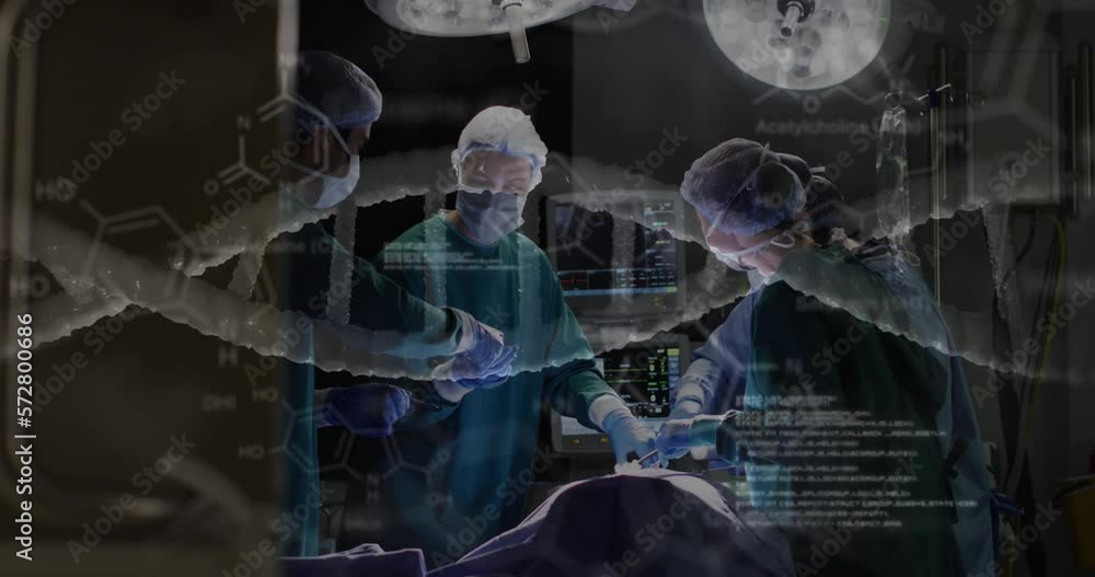 Animation of dna strand and medical data over diverse female and male surgeons operating Animation of dna strand and medical data over diverse female and male surgeons operating