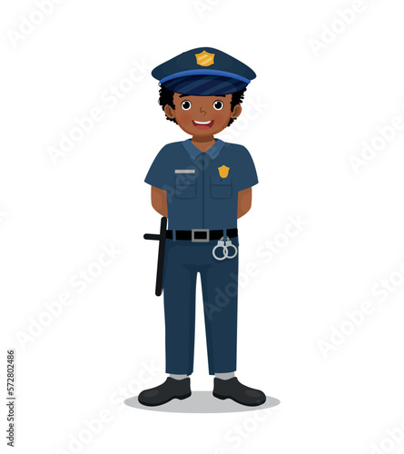Cute little boy wearing police uniform pretending to be police officer