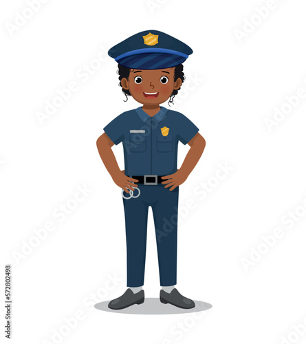 Cute little African girl wearing police uniform pretending to be police officer