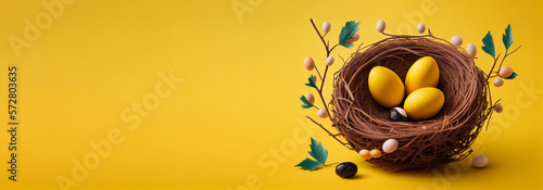 Yellow Easter eggs in birds nest on yellow background with copy space. Illustration AI