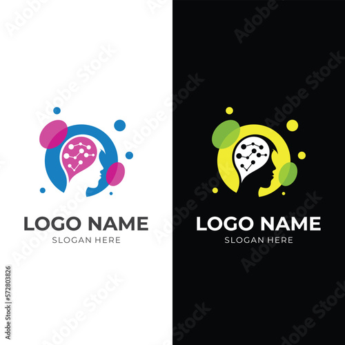 smart kid logo design, kid and brain combination logo with flat colorful style