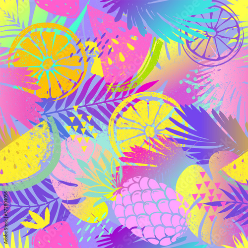 Fashion tropics wallpapers. Seamless pattern with leaf and fruits on neon background. Summer print