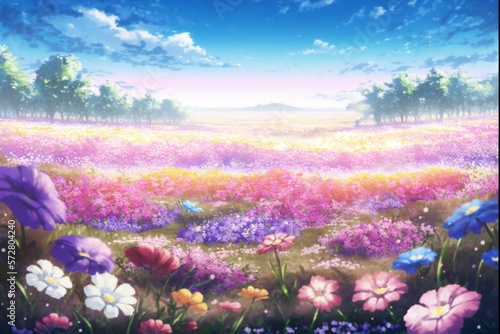 花 カラフル 草原 植物 花畑 幻想 ファンタジー アニメ, generative ai