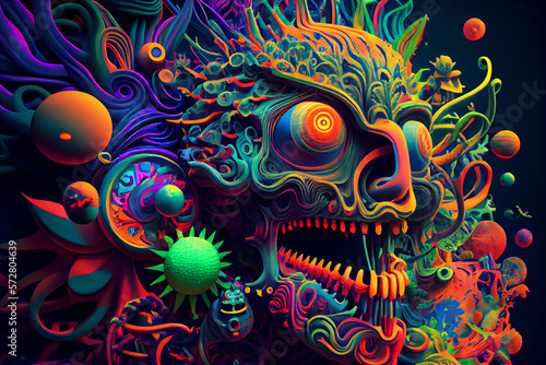 psychedelic colorful lsd trip skull with hippy patterns and coral relief illustration Generative AI