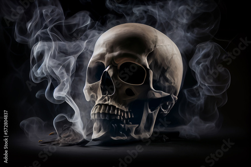 human skull in cigarette smoke  nicotine addiction harm of smoking illustration Generative AI