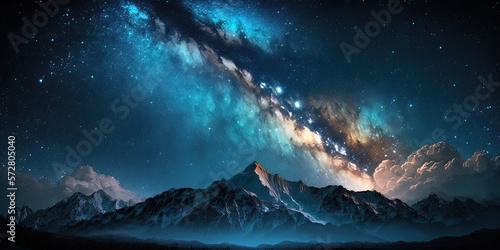 Abstract Milky Way stars and galaxy across the sky with sunset, clouds, and sun. Night landscape cosmos over the mountains.
