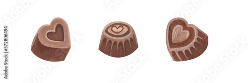 Set of isolated watercolor and gouache elements. Chocolates. Valentine's day. The shape of the heart. Sweets. Color illustration. The print is used for packaging design