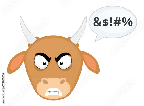vector illustration face of a cow cartoon with an angry expression, with a bubble of dialogue with an insult text