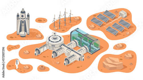 Mars colonization set. Spaceman with alternative energy source and greenhouses for plant. Scientific research, travel and adventure. Cartoon isometric vector illustrations isolated on white background