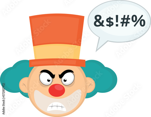 vector illustration cartoon clown face with an angry expression, a speech bubble with an insult text