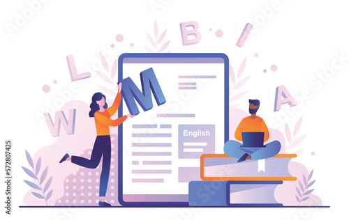 People learning language. Man and woman with books near smartphone screen. Distance education and training. Students with gadget and device., online lessons. Cartoon flat vector illustration