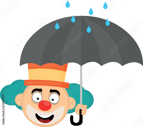 vector illustration cartoon clown face with a happy expression with an umbrella in his hand with raindrops
