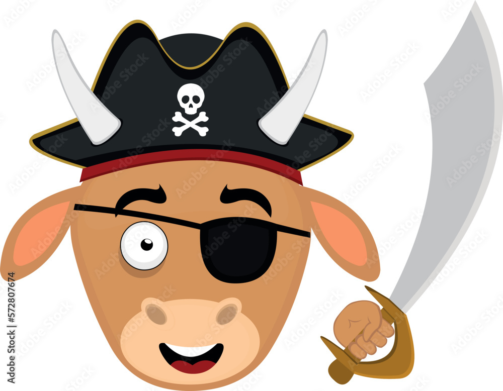 vector illustration face of a pirate cow cartoon, with hat, eye patch and a sword in hand