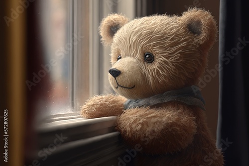 closeup of a teddy bear at a window Generative AI photo