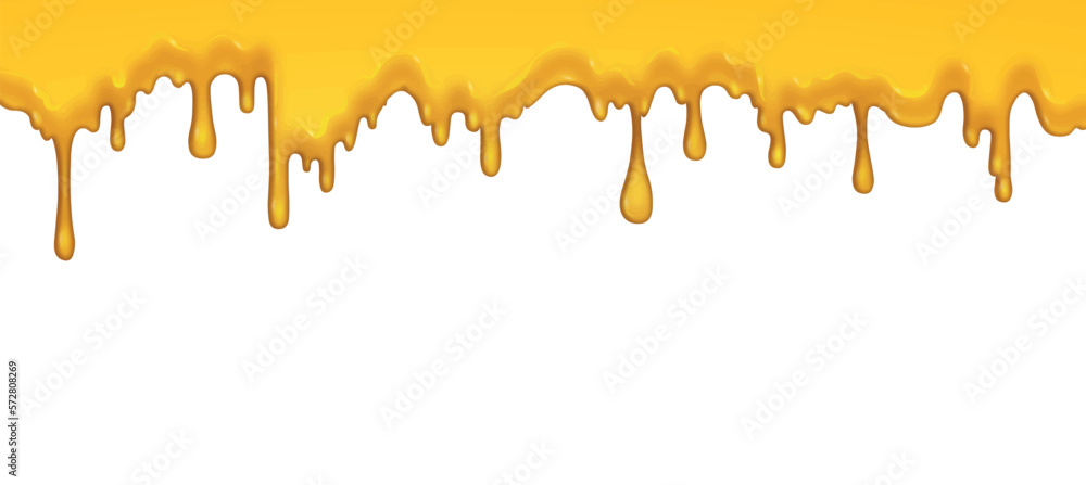 Honey drops on white background. Template, layout ad mock up. Place for text and presentations. Delicious honey flowing from edge, cafe, shop and bakery menu. Cartoon flat vector illustration Honey drops on white background. Template, layout ad mock up. Place for text and presentations. Delicious honey flowing from edge, cafe, shop and bakery menu. Cartoon flat vector illustration