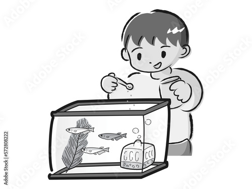 メダカのお世話をする男の子（エサやり）