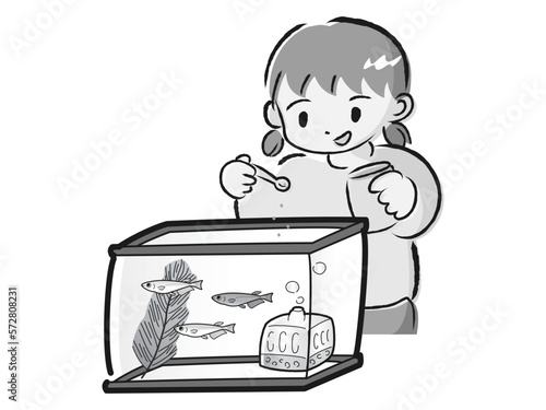 メダカのお世話をする女の子（エサやり）