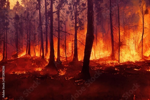 Forest Fire Illustration with Debris and Light Background, generative ai