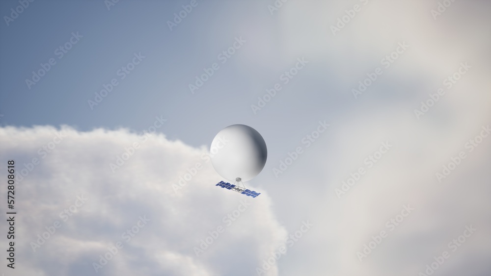 3d illustration render of concept spy balloon military equipment with camera on sky with clouds solar panels for news todays - obrazy, fototapety, plakaty 
