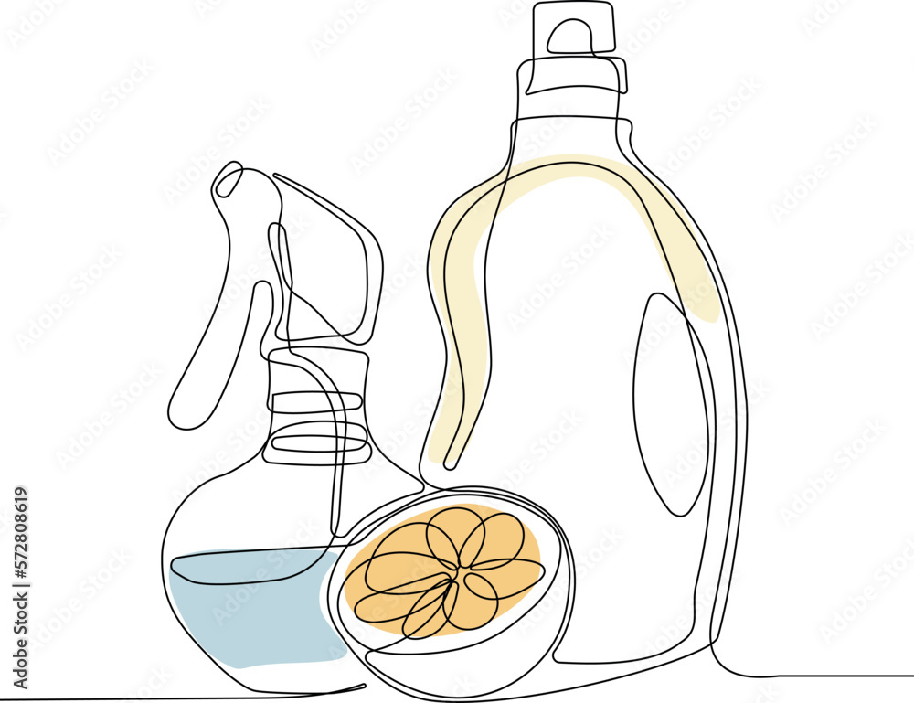 Continuous one line drawing of bottles for liquid laundry detergent