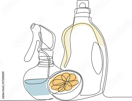 Continuous one line drawing of bottles for liquid laundry detergent, bleach, fabric softener, dishwashing liquid or another cleaning agent. Easy to place your text and brand logo. Vector illustration