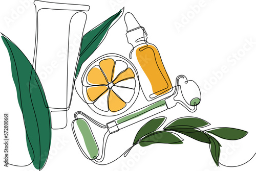 Skin care concept. Landing page template. Morning routine. Bath time. Organic products for scrubbing and body skin care with natural herbal skin care products, top view. Vector illustration