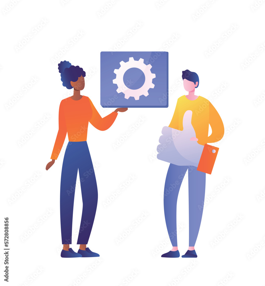 Business meeting concept. Man and woman promote product or service in social networks and messengers. Marketing and advertising on Internet. Team of marketer. Cartoon flat vector illustration Business meeting concept. Man and woman promote product or service in social networks and messengers. Marketing and advertising on Internet. Team of marketer. Cartoon flat vector illustration