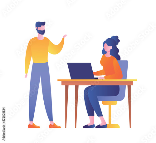 Business meeting concept. Man and woman at laptop discussing project. Colleagues and partners in office. Chief and subordinate. Communication and interaction. Cartoon flat vector illustration