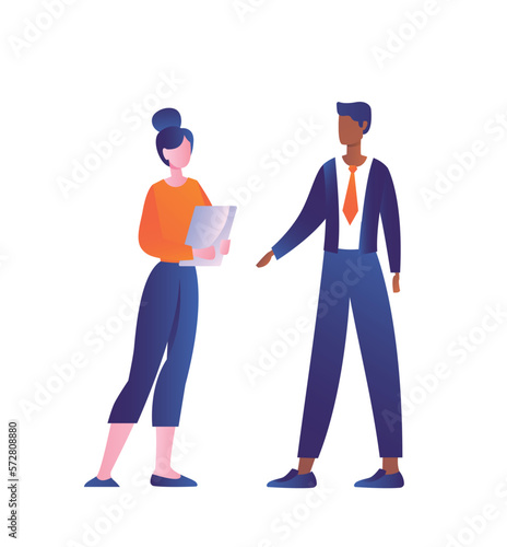 Business meeting concept. Man and woman discussing project, entrepreneur and investor making deal. Collaboration and cooperation. Chief and subordinate with report. Cartoon flat vector illustration
