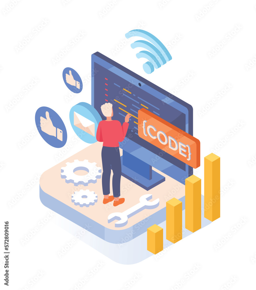 Business correction of mistakes. Woman finds and fixes errors in code of program, app or website. Technical support and programmer in front of monitor screen. Cartoon isometric vector illustration