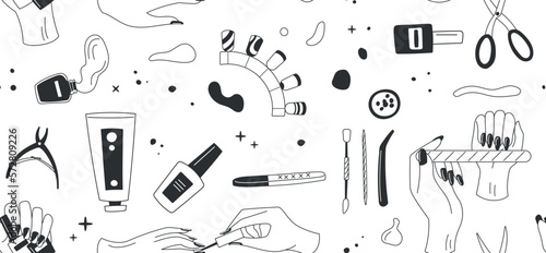 Manicure seamless pattern. Repeating design element for printing on fabric. Nailcare and pedicure equipment, womens hands with nail file, scissors and varnish. Cartoon flat vector illustration