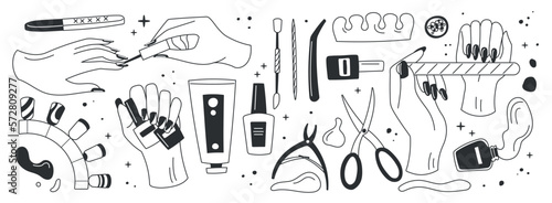Manicure black icons set. Nailcare set, scissors and varnishes, cute female hands with nail file. Collection of equipment for nails. Cartoon flat vector illustrations isolated on white background