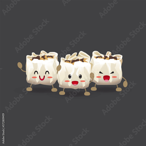 3 dimsum dumpling characters topped with black mushrooms with various expressions photo