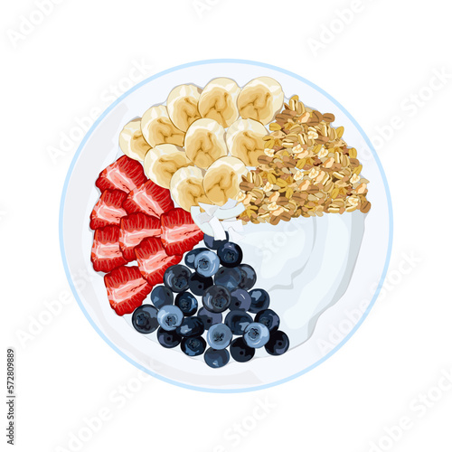 Healthy breakfast, yogurt with blueberries, strawberries, bananas and oat wheat. Low calorie food. Hight nutrition low fat menu. Authentic breakfast menu vector drawing illustration on white.