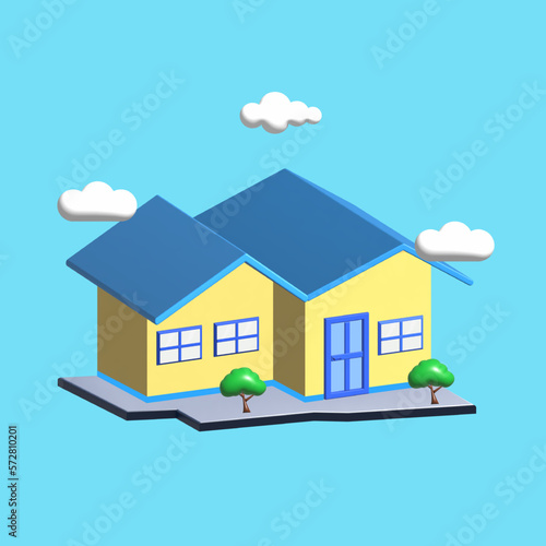 3d render of small house with small tree and clouds