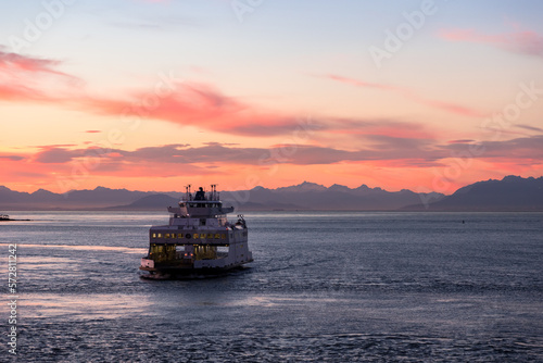 BC Ferry near active pass in the Gulf Islands at sunset.