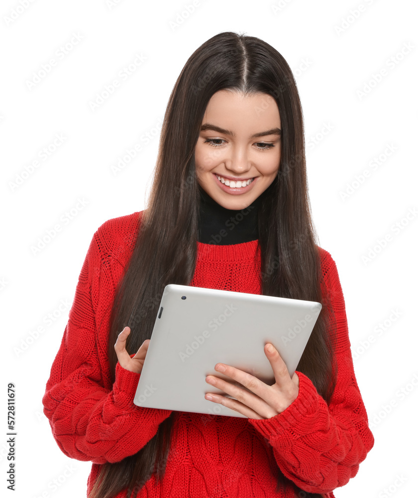 Teenage girl using tablet on white background Teenage girl using tablet on white background