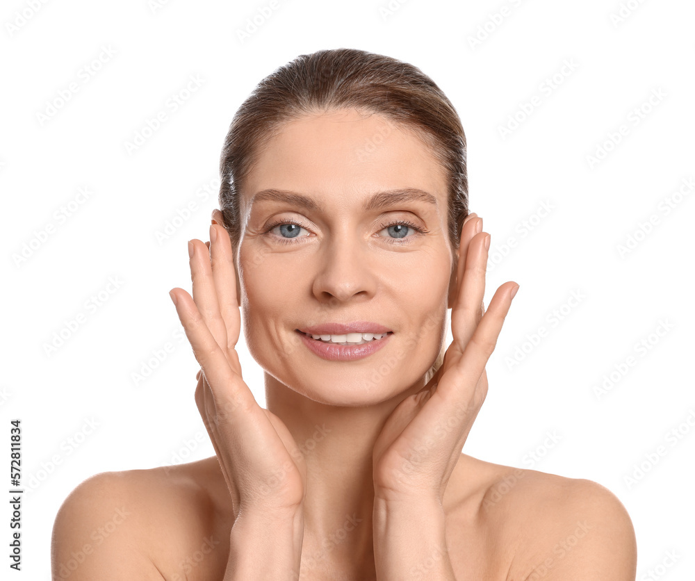 Woman massaging her face on white background Woman massaging her face on white background