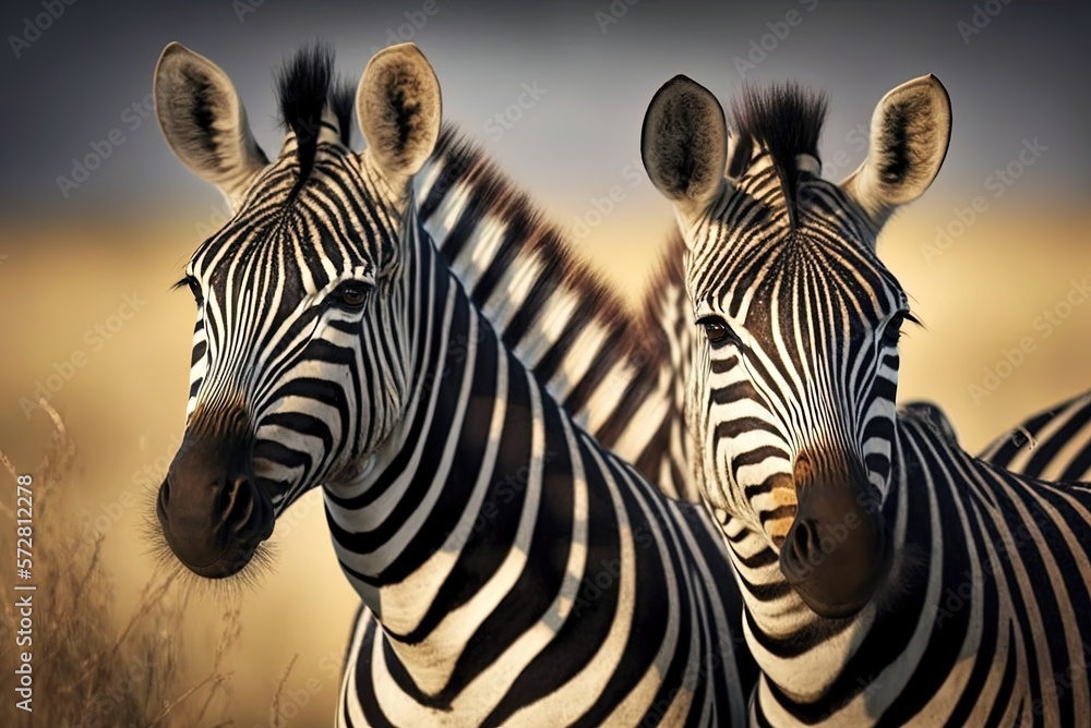 Masai Mara, Kenya, on a safari, with zebras standing side by side. Generative AI - obrazy, fototapety, plakaty 
