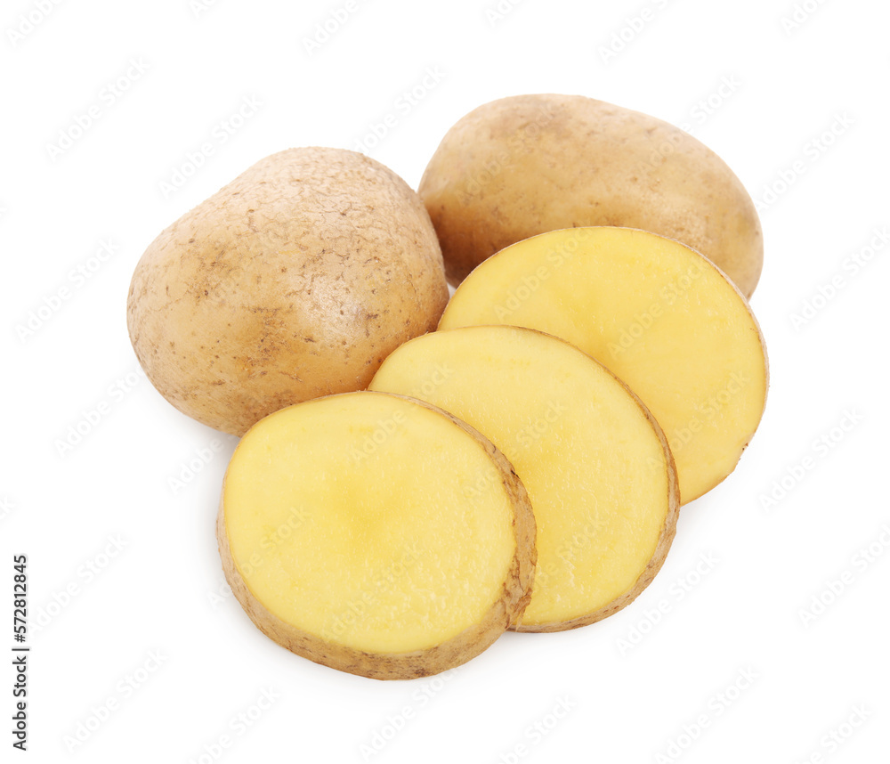 Whole and cut fresh potatoes on white background, top view Whole and cut fresh potatoes on white background, top view