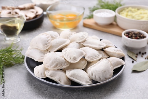 Raw dumplings (varenyky) and ingredients on grey table