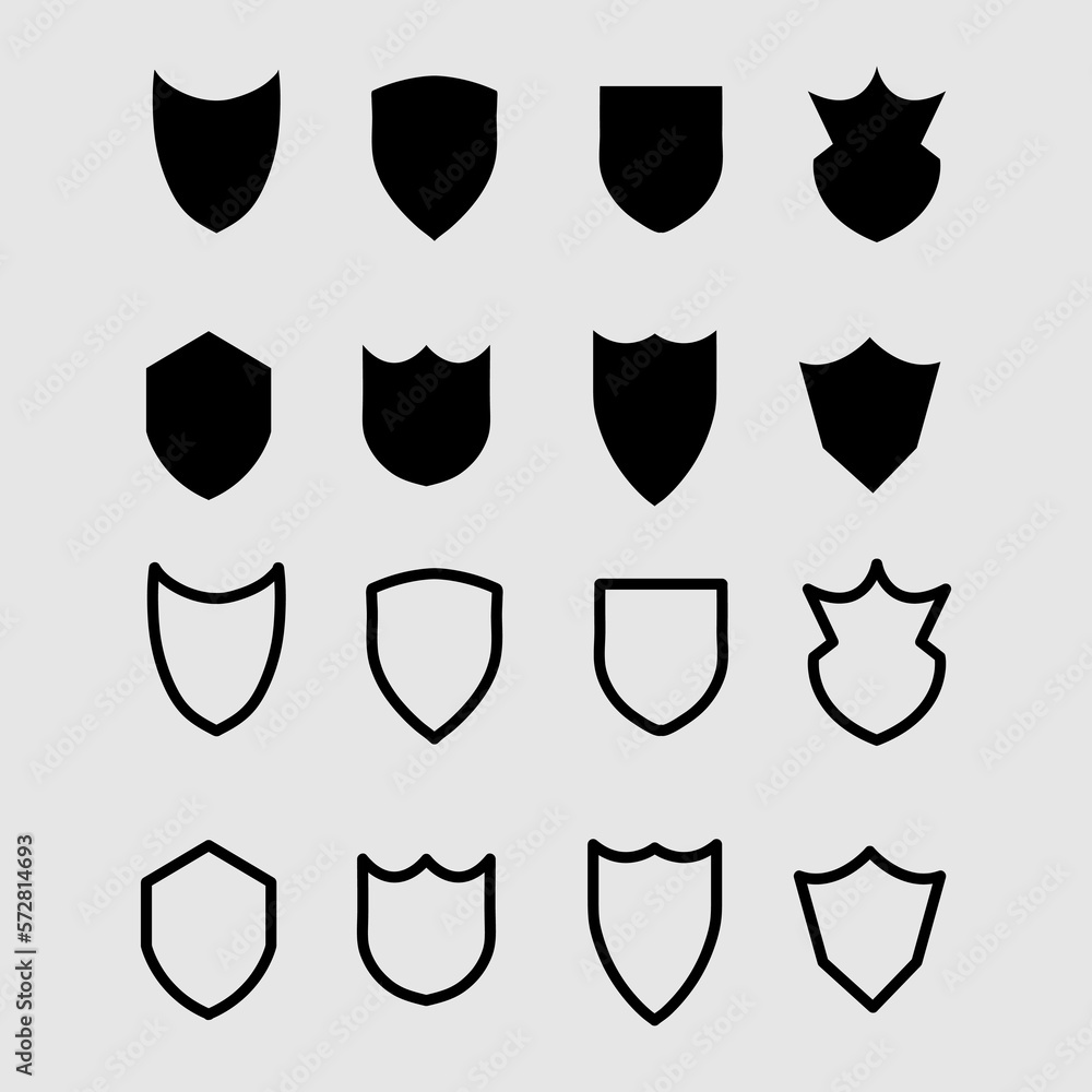 Shields icons set. Collection of shield icons. Set of shields on an isolated background. Protection. Different shields in black color..eps Shields icons set. Collection of shield icons. Set of shields on an isolated background. Protection. Different shields in black color..eps