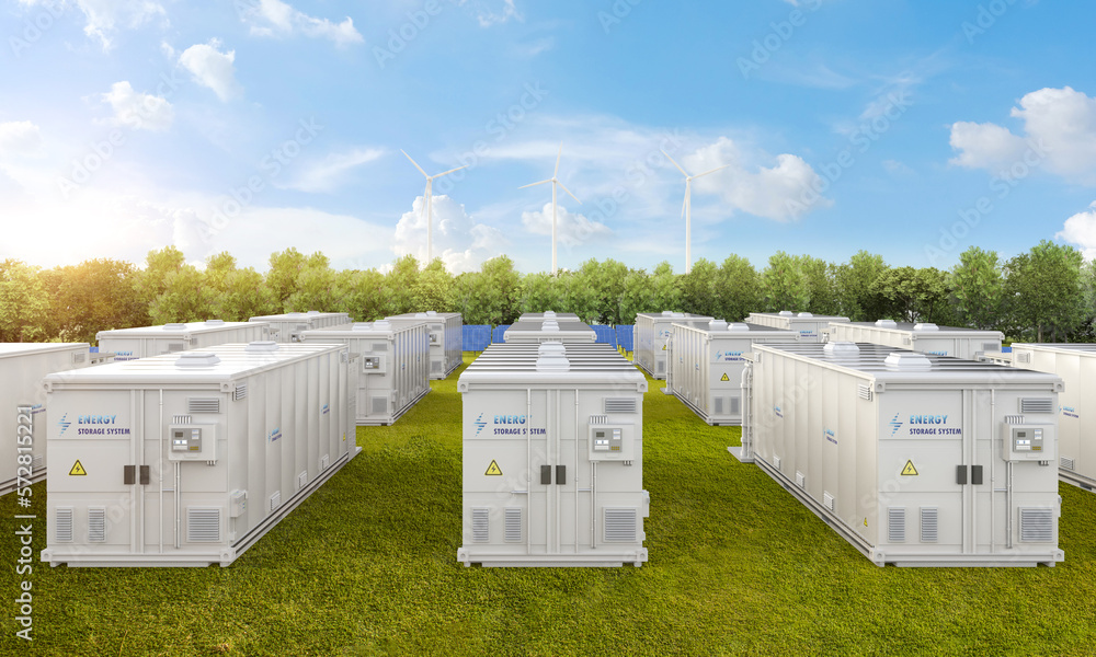 Amount of energy storage systems or battery container units with solar and turbine farm - obrazy, fototapety, plakaty 