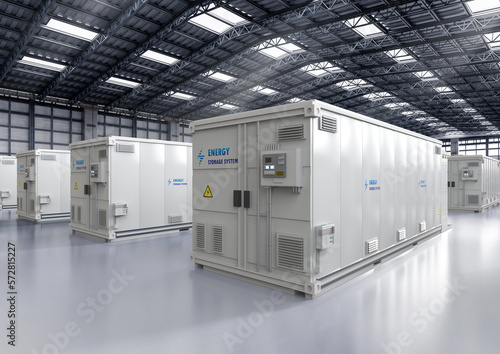 Energy storage systems or battery container units in factory photo