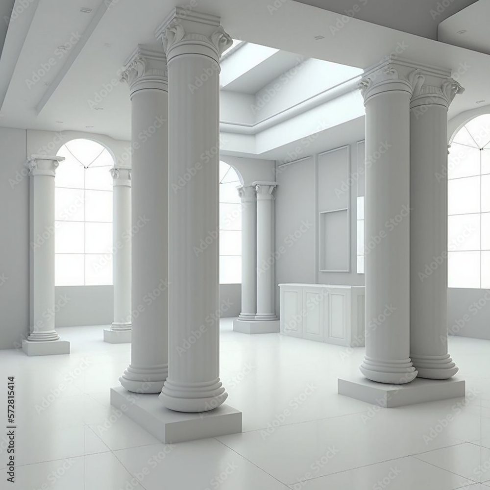 Modern, huge, concrete material, empty hall with many columns and big white glowing windows, wallpaper, sterile, made with Generative AI	