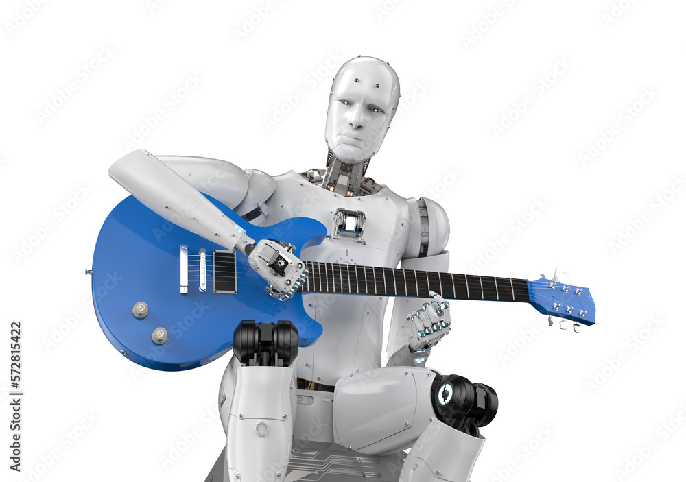 Naklejka premium Ai music composer or generator with robot play guitar