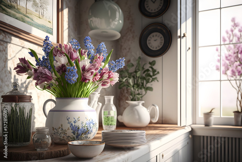 spring kitchen interior design with a vase of spring flowers. Generative AI