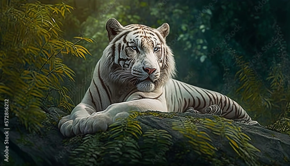 A majestic white tiger resting in a forest
